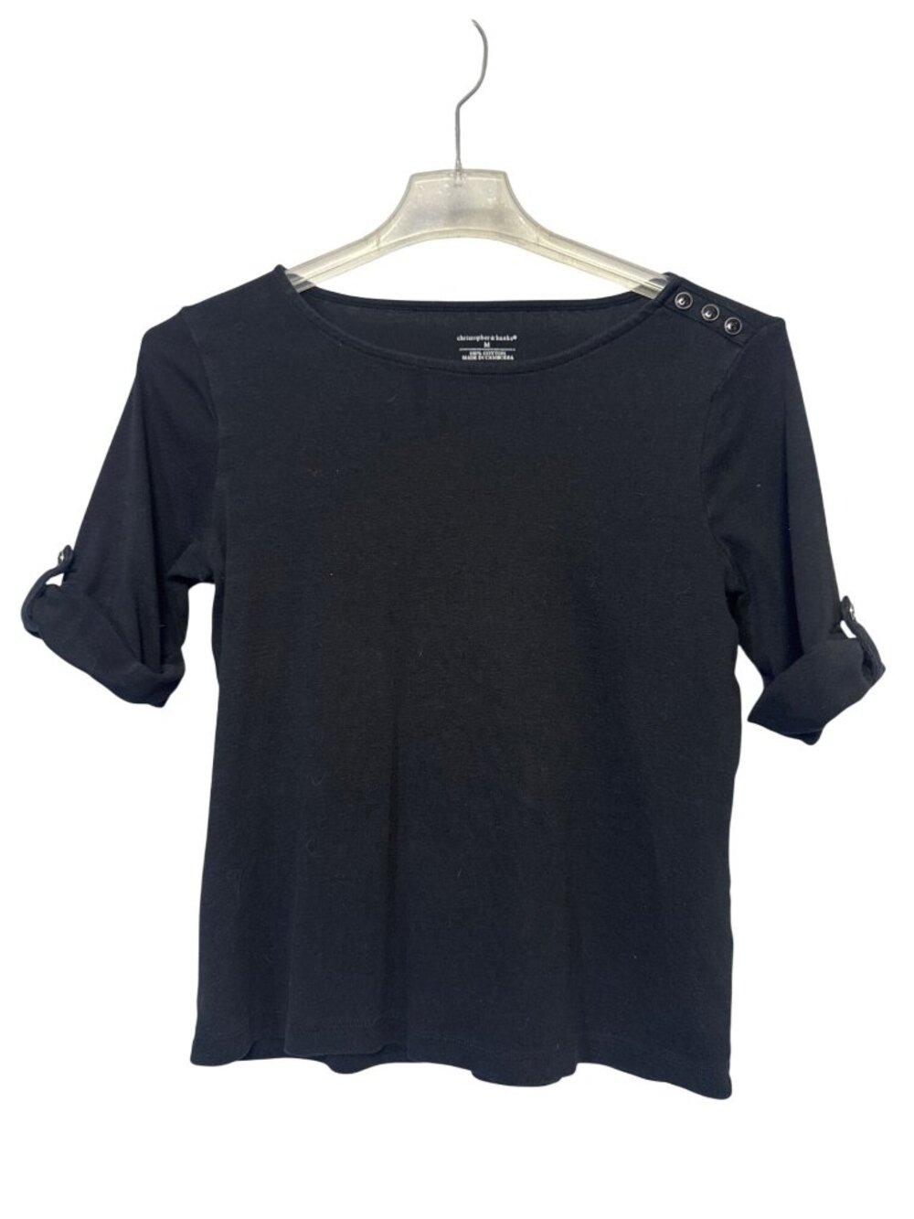 Christopher & Banks Size Medium Black Button Detail Top Roll Tab Sleeve